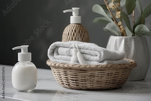 Basket with cosmetic productsle countertop in bathroom, closeup photo