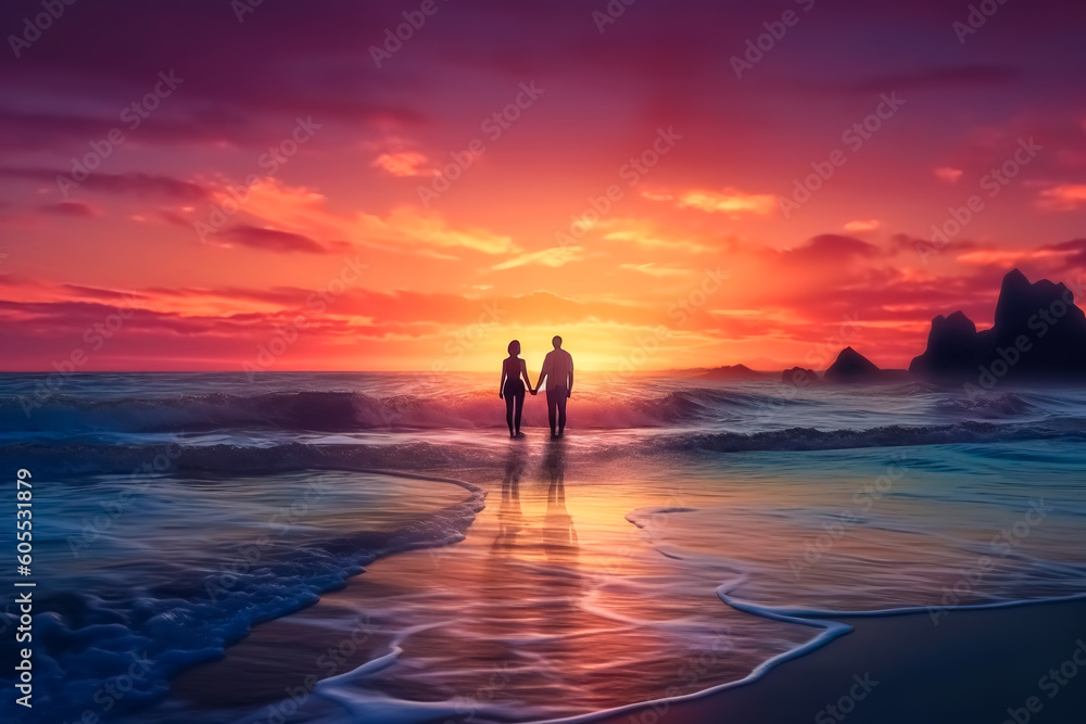 couple in love on the sea shore at sunset, made with Generative AI
