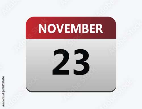 23th November calendar icon. Calendar template for the days of December. vector illustrator.