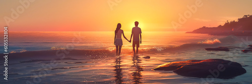 honeymoon, couple in love on the ocean shore at sunset, banner with copy space, made with Generative AI