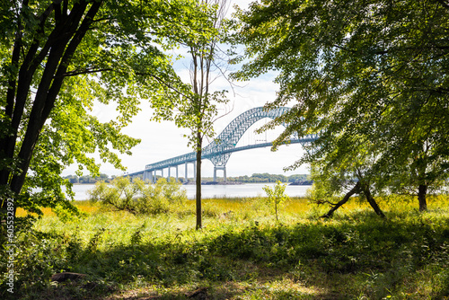 vue sur un pont suspendu en métal avec une structure en demi cercle vue à travers les arbres