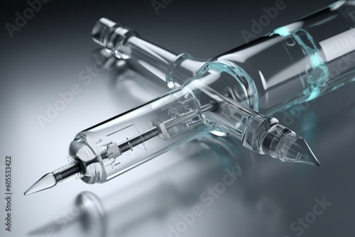 3D medical syringe and vial on white background. Generative AI