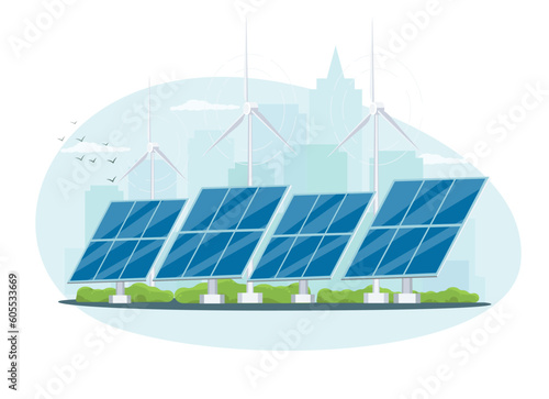 Wind and solar generation. Solar panels and wind turbines on nature background.The concept of alternative electricity production.