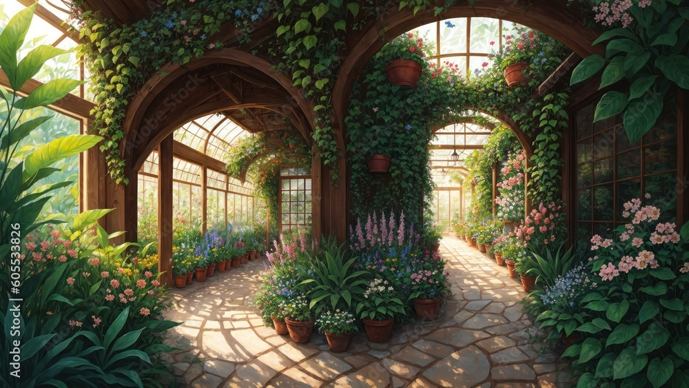 a courtyard with plants and a building. Ai llustration. fantasy digital painting. Artificial Intelligence Artwork a courtyard with plants and a building. Ai llustration. fantasy digital painting. Artificial Intelligence Artwork