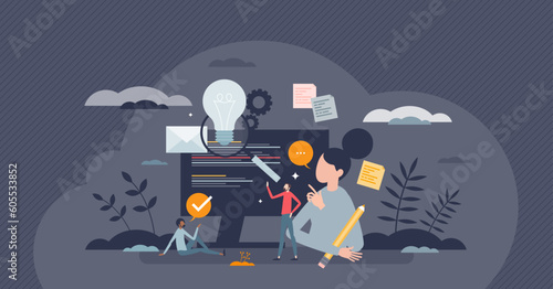 Content creation and writing texts for publications tiny person concept. Social media posts production with creative information vector illustration. Blogging author ads campaign as marketing plan.