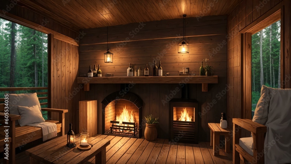 a room with a fireplace and a bed. Ai llustration. fantasy digital painting. Artificial Intelligence Artwork a room with a fireplace and a bed. Ai llustration. fantasy digital painting. Artificial Intelligence Artwork