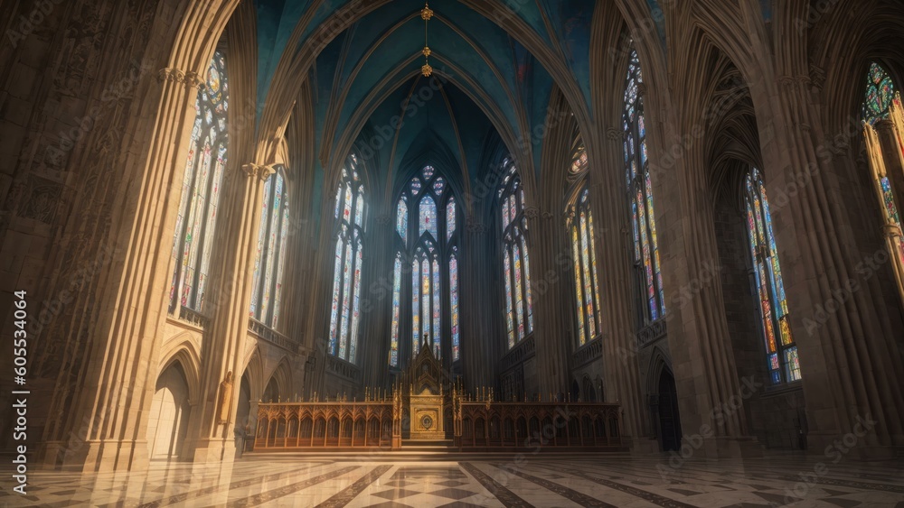 a large cathedral with stained glass windows. Ai llustration. fantasy digital painting. Artificial Intelligence Artwork