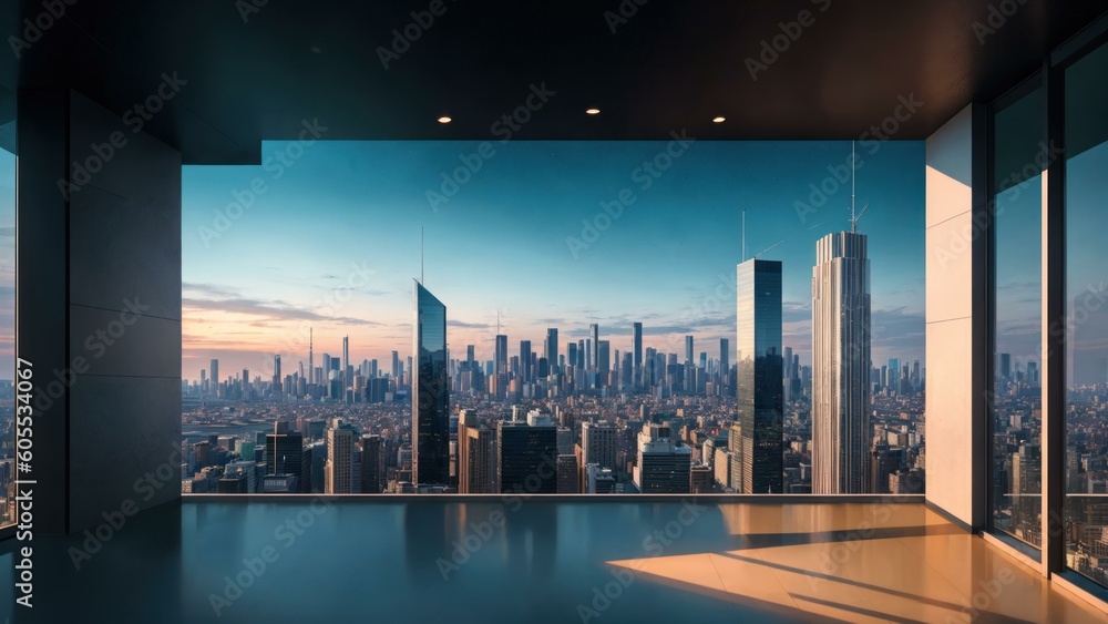 Fototapeta premium a view of a city from a window. Ai llustration. fantasy digital painting. Artificial Intelligence Artwork