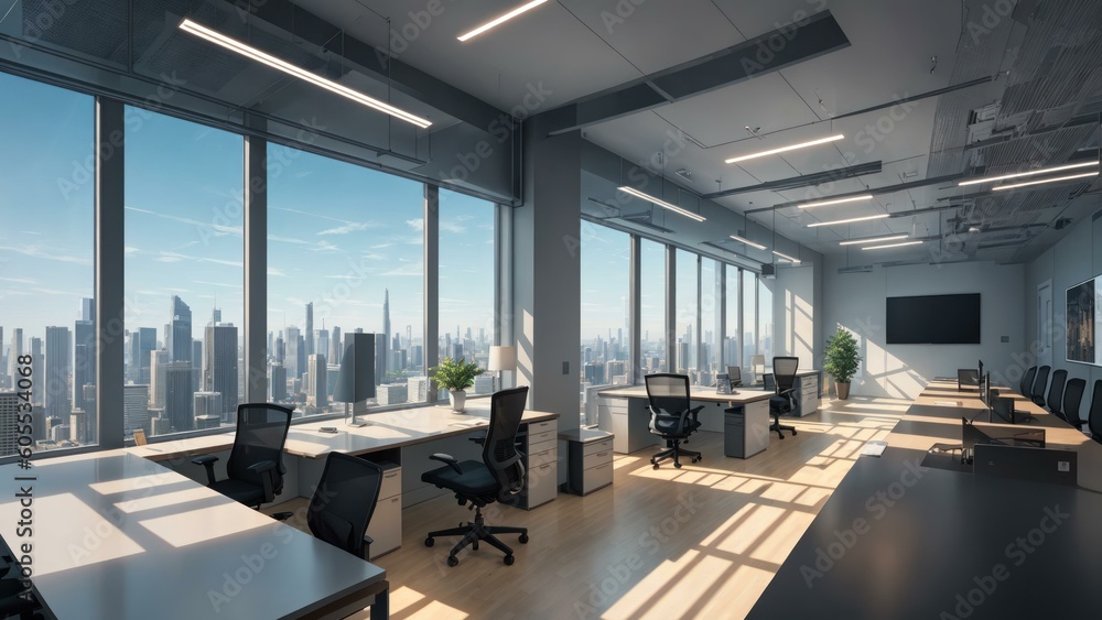 an office with a large window. Ai llustration. fantasy digital painting. Artificial Intelligence Artwork an office with a large window. Ai llustration. fantasy digital painting. Artificial Intelligence Artwork
