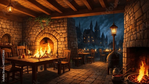 a room with a fireplace and tables. Ai llustration. fantasy digital painting. Artificial Intelligence Artwork