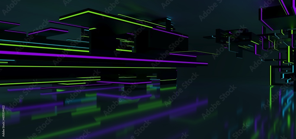 Abstract architectural minimalistic background. Laser show in the ultraviolet spectrum. Modern impulse tunnel. Futuristic space sci-fi frame neon backlight. 3D illustration and rendering.