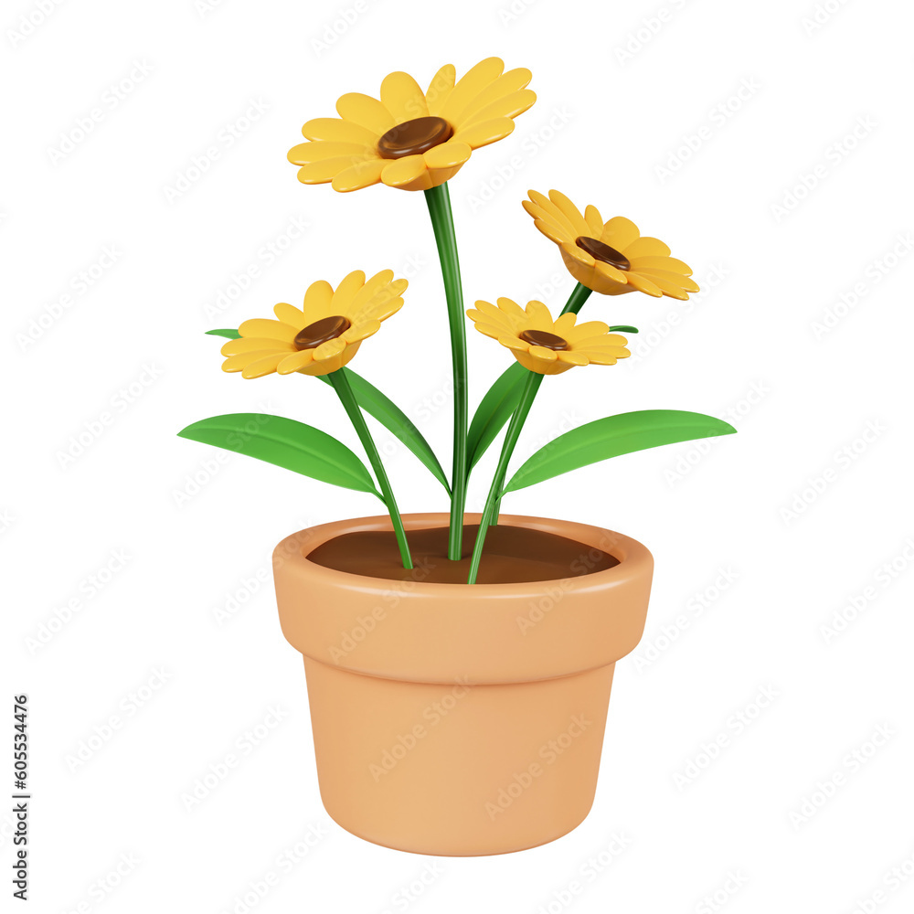3d yellow flower in plant pot. Floral arrangement garland. icon isolated on white background. 3d rendering illustration. Clipping path