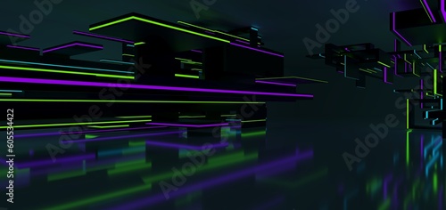 Abstract architectural minimalistic background. Laser show in the ultraviolet spectrum. Modern  impulse tunnel. Futuristic space sci-fi frame neon backlight. 3D illustration and rendering.