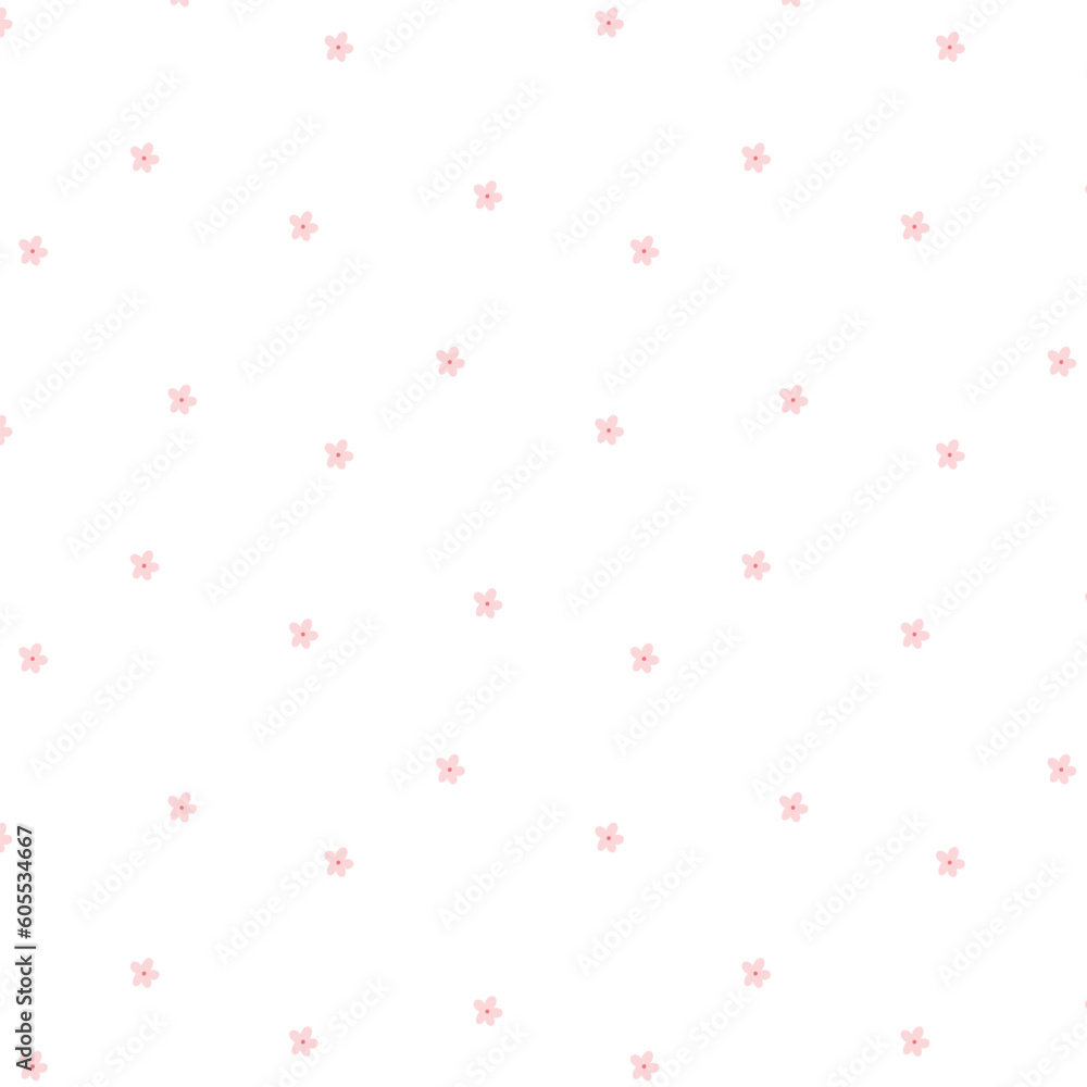 Cute seamless pattern with pink small flowers. Vector illustration. Kids minimalist print with daisies. Flat style. Spring pattern with blooming flowers.