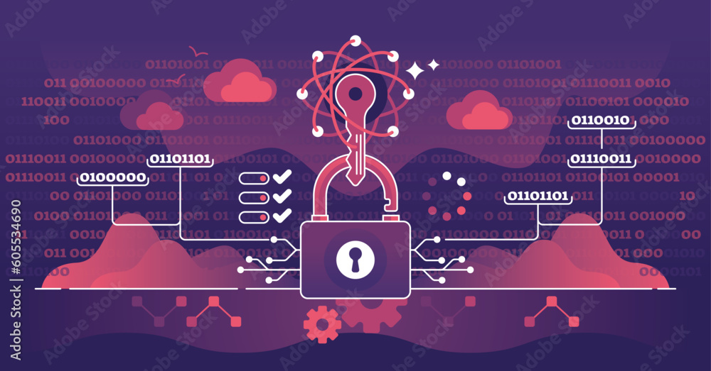 Quantum cryptography as advanced file protection system outline concept. Data safety protocol with difficult binary code lock and encryption method to make impossible to hack vector illustration.