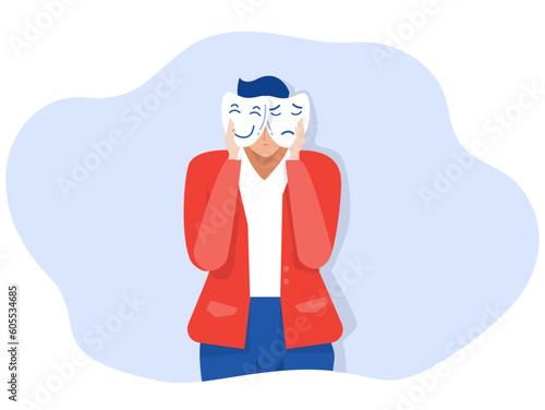 Businessman holding masks different masks happy and sad imposter syndrome; Bipolar disorder; fake faces and emotions. psychology; false behavior or deceiver.vector illustrator