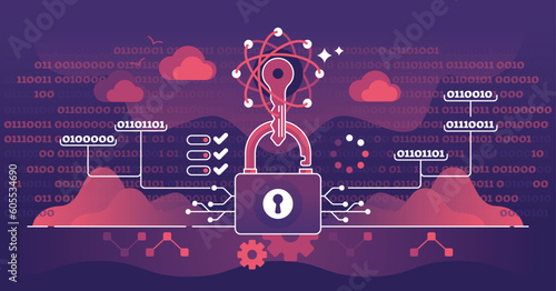 Quantum cryptography as advanced file protection system outline concept. Data safety protocol with difficult binary code lock and encryption method to make impossible to hack vector illustration.