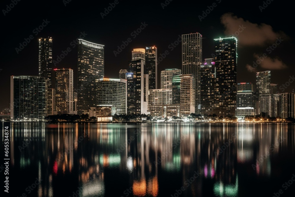 Night view of Miami's towering cityscape. Generative AI