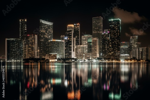 Night view of Miami's towering cityscape. Generative AI © Randy