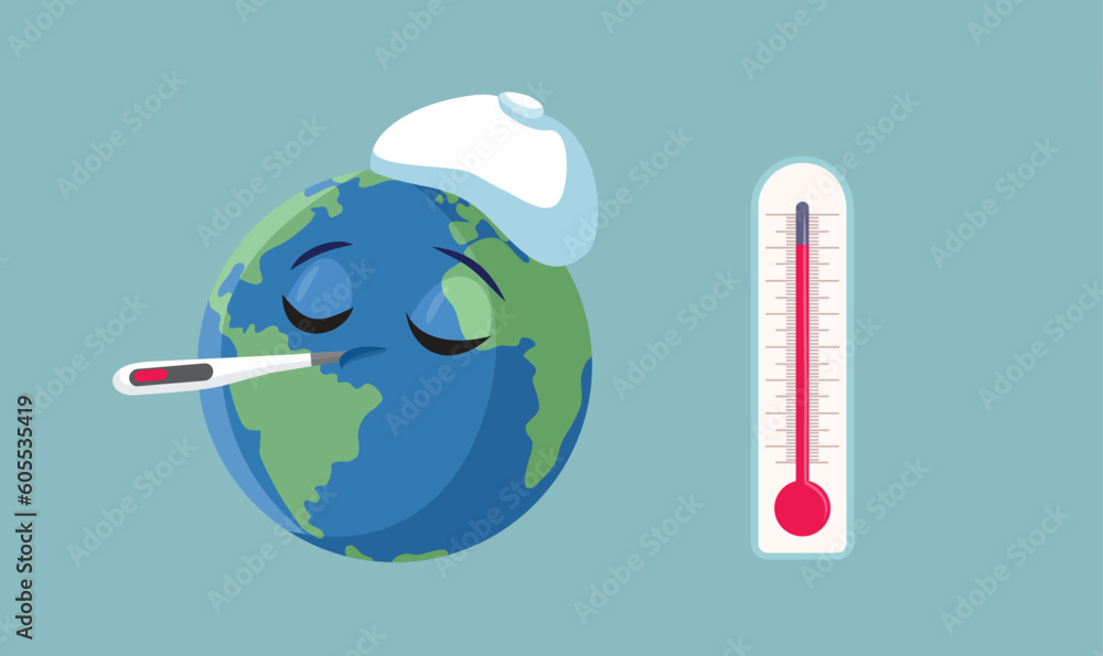 Overheated Planet Suffering from Fever During Global Warming Vector Cartoon. Sick earth having problems with climate changing and overheating. 
 - obrazy, fototapety, plakaty 