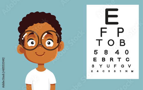 Little Child Passing an Ophthalmological Examination Vector Cartoon Illustration. Boy having his eyes checked wearing prescription glasses 
