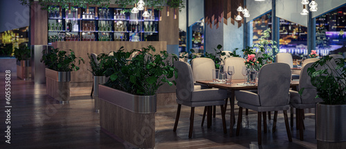 Fototapeta Naklejka Na Ścianę i Meble -  Modern Restaurant in Sustainable Interior Design by Night - panoramic 3D Visualization