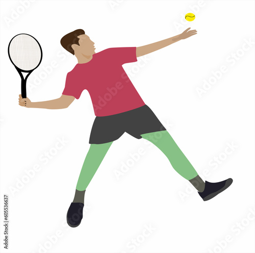Tennis player in action. Solid background, tennis, sport, player, silhouette, racket, ball, game, athlete, play, vector, badminton, man, illustration, competition, people, sports, playing © LazyArtist