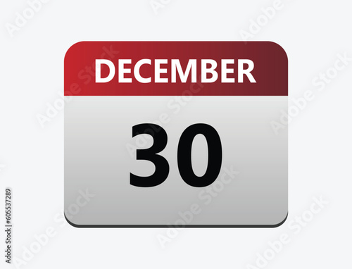 30th December calendar icon. Calendar template for the days of December. © SISIRA