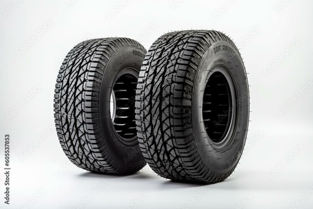 Pair of snow tires stacked on white background. Ideal for harsh winter driving conditions with deep treads. Generative AI