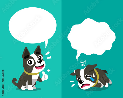 Vector cartoon character cute boston terrier dog expressing different emotions with speech bubbles for design.