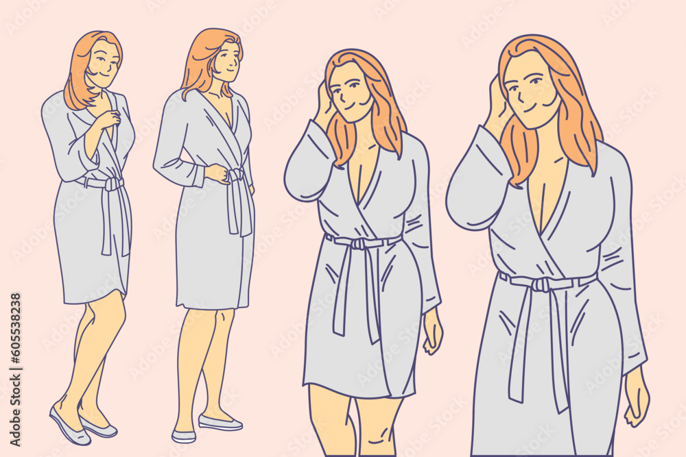 young woman with blonde hair in bathrobe with different postures line art