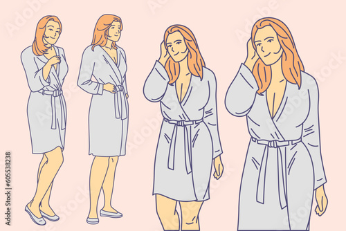 young woman with blonde hair in bathrobe with different postures line art