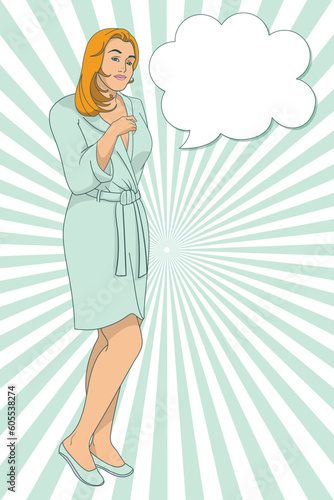 Young blonde woman in bathrobe with speech bubble vintage vector illustration.