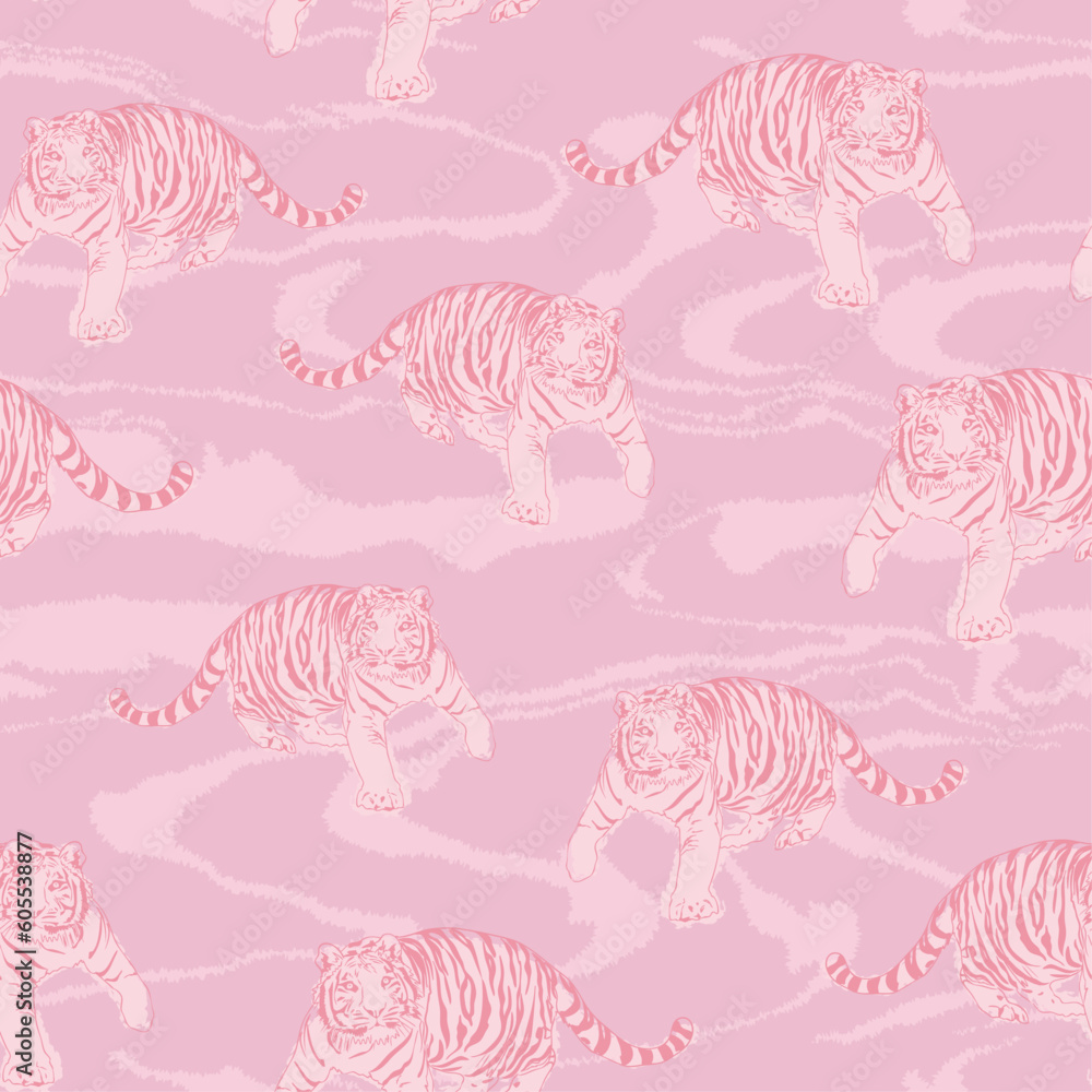 Tiger Outline illustration Art Pink color On Vivid Background Wallpaper