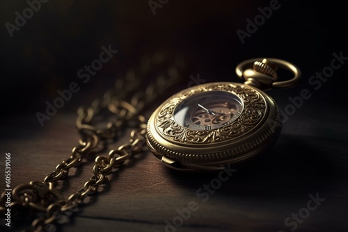 Illustration of a lone, golden pocket watch. Generative AI