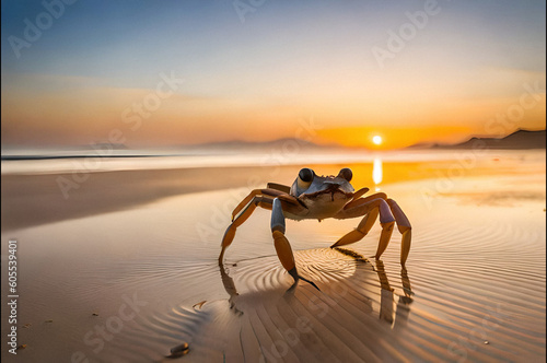 a crab is on the sand by the beach in the evening, behind it are the rays of the setting sun.