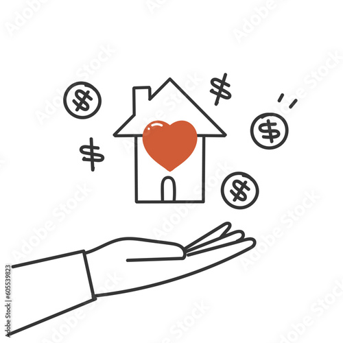 hand drawn doodle love real estate and coin stack illustration vector