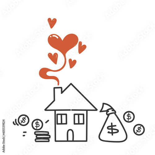 hand drawn doodle love real estate and coin stack illustration vector