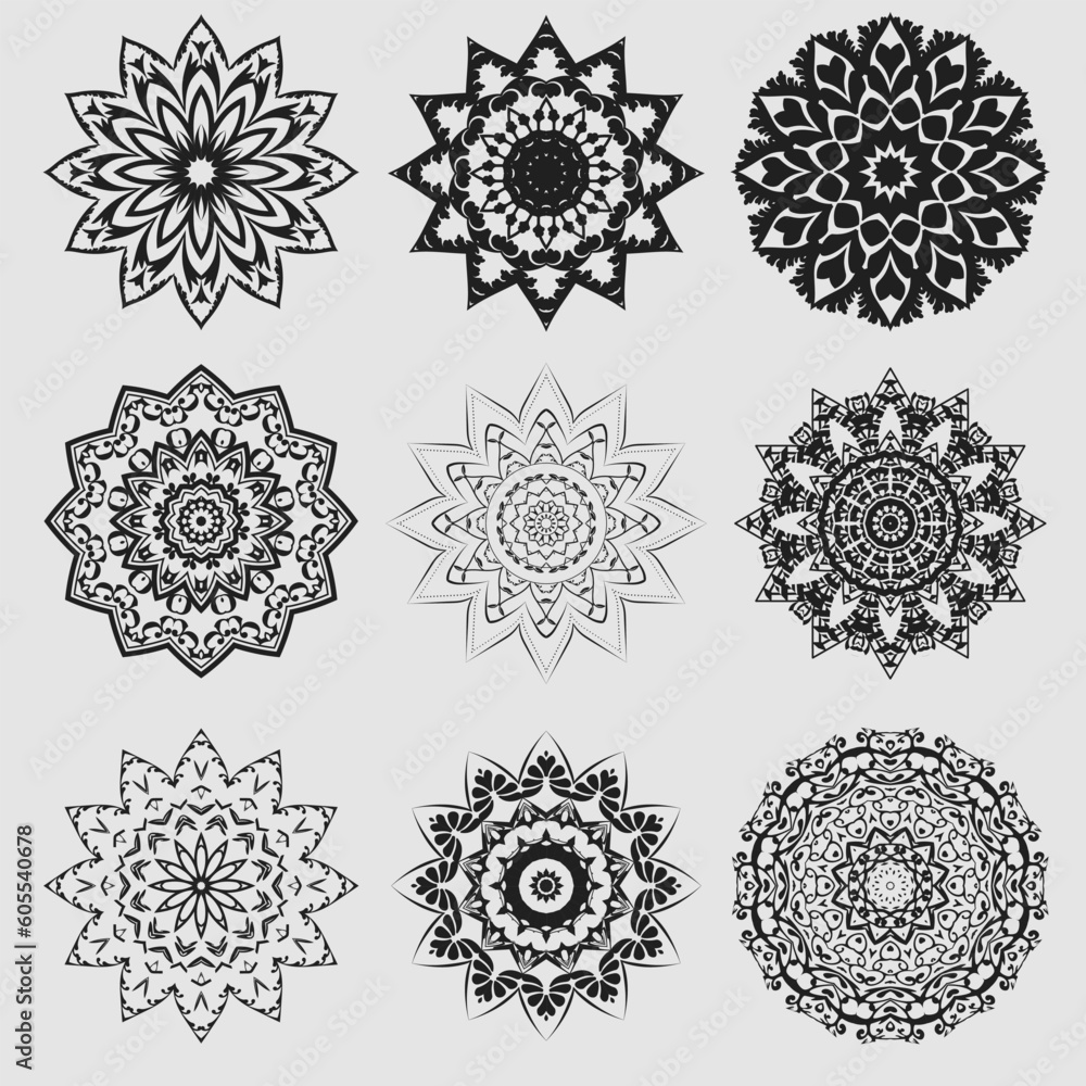 Set of mandala decorative and ornamental design for coloring page, greeting card, invitation, tattoo, yoga and spa symbol.