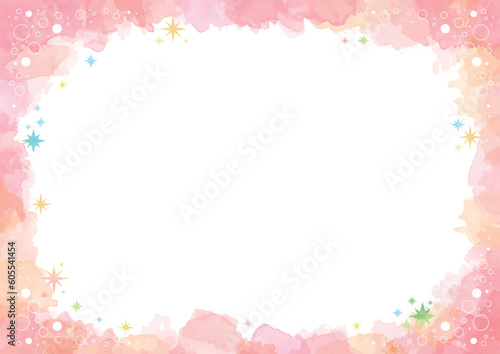 キラキラと丸い飾り付きのピンク系のかわいい水彩風フレーム