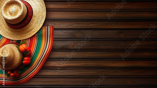Cinco De Mayo with Round hat and Cinco de mayo ornament on wood background