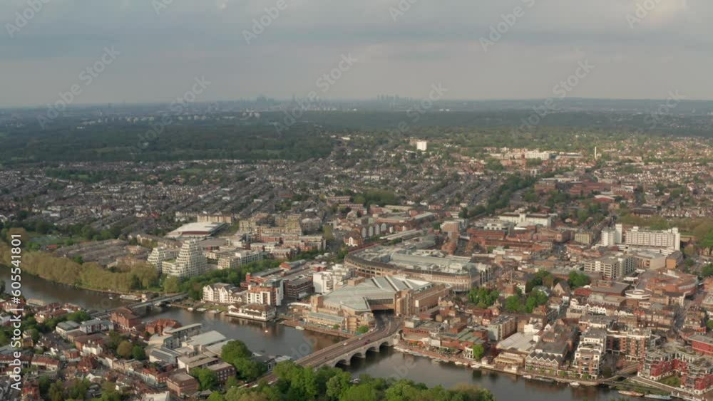 Dolly back aerial shot over Kingston Upon Thames with the London skyline in the background Dolly back aerial shot over Kingston Upon Thames with the London skyline in the background