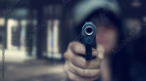 Fotografiet Woman pointing a gun at the target on dark background, selective focus on front
