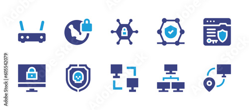 VPN icon set. Duotone color. Vector illustration. Containing router, virtual private network vpn, vpn, secure, shield, share, lan. © Huticon