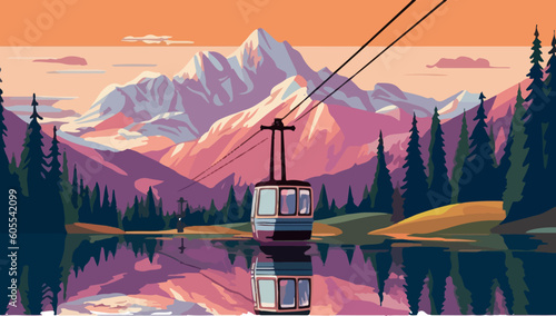 tram way passes over the mountain lake with landscape views flat vector
