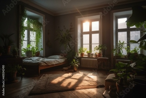 Simple living space adorned with greenery and bathed in morning light. Generative AI