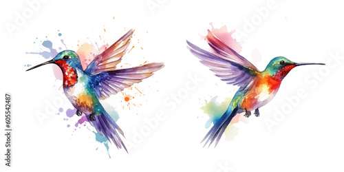 flying hummingbird or colibri bird watercolor hand paint vector