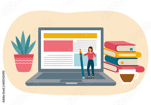Copywriter freelance and blogger author create online article content concept vector illustration. Female writing web content on computer.
