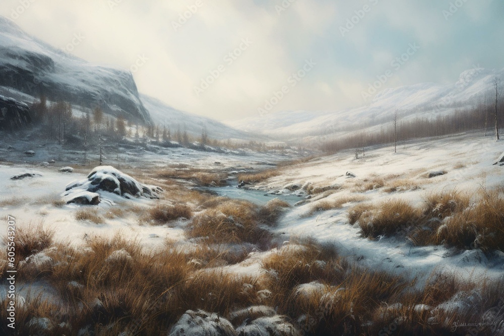 An oil painting of a wintery tundra landscape. Generative AI - obrazy, fototapety, plakaty 
