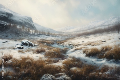An oil painting of a wintery tundra landscape. Generative AI photo